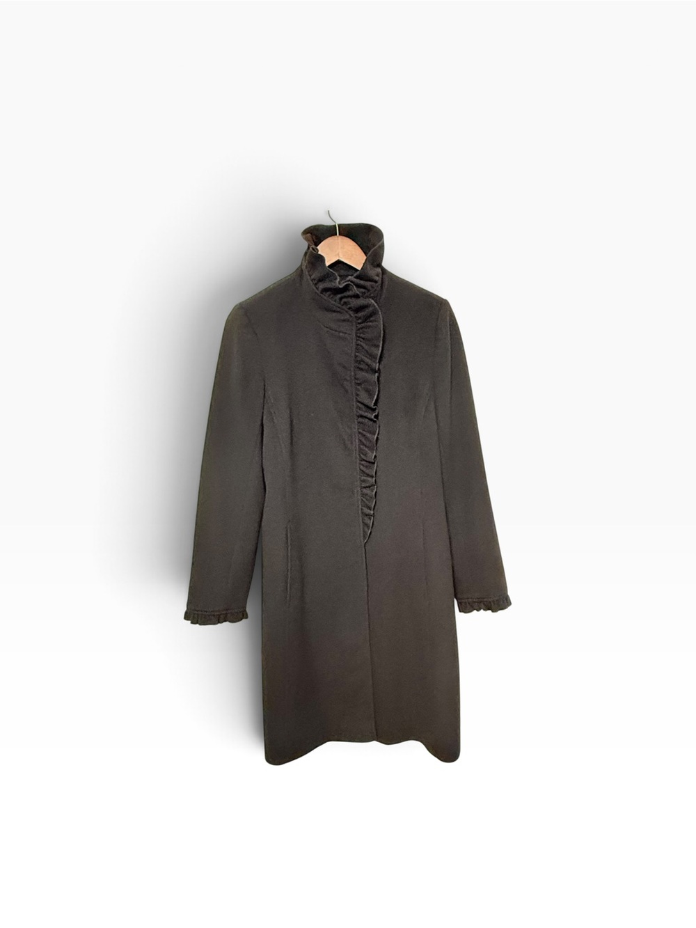 DKNY Black Wool Cashmere Ruffle Trim Long Coat | Women's Size 6
